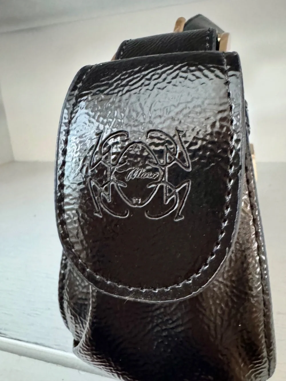 Manc Aurora Micro Black Gold Glossy Calf‎ Leather Shoulder Purse